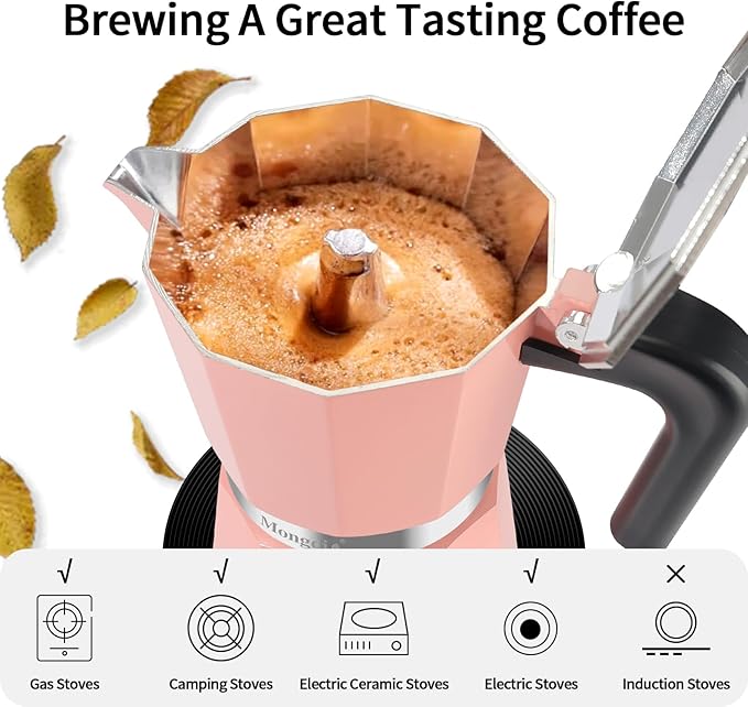 Mongdio Stovetop Espresso Maker Moka Pot, Stove Top Cuban Coffee Maker, Italian Greca Mocha Pot, 6 Espresso Cups, 10 oz - Pink
