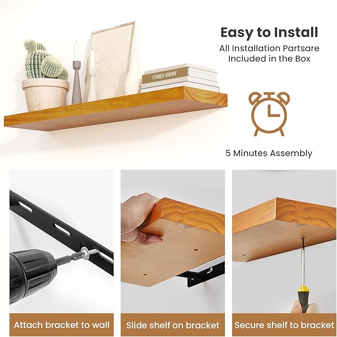 Fun Memories Wood Floating Shelves Set of 2, Rustic Pine Wood Floating Shelves for Wall Mounting, Wide Wall Shelf for Home Decor and Storage, 24" W x 7" D, Honey Oak
