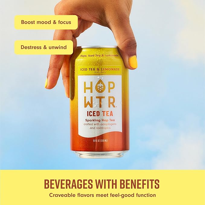 HOP WTR - Sparkling Hop Water - Iced Tea & Lemonade (12 Pack) - NA Beer, No Calories or Sugar, Low Carb, With Adaptogens and Nootropics for Added Benefits (12 oz Cans)