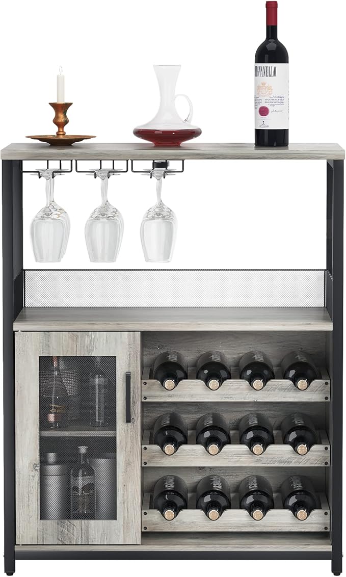 GarveeHome 3-Tier Wine Bar Cabinet with Detachable Wine Rack, Liquor Cabinet with Storage, Coffee Bar Cabinet with Glass Holder & Mesh Door, Sideboard Buffet Bar for Living Room, Dining Room, Grey