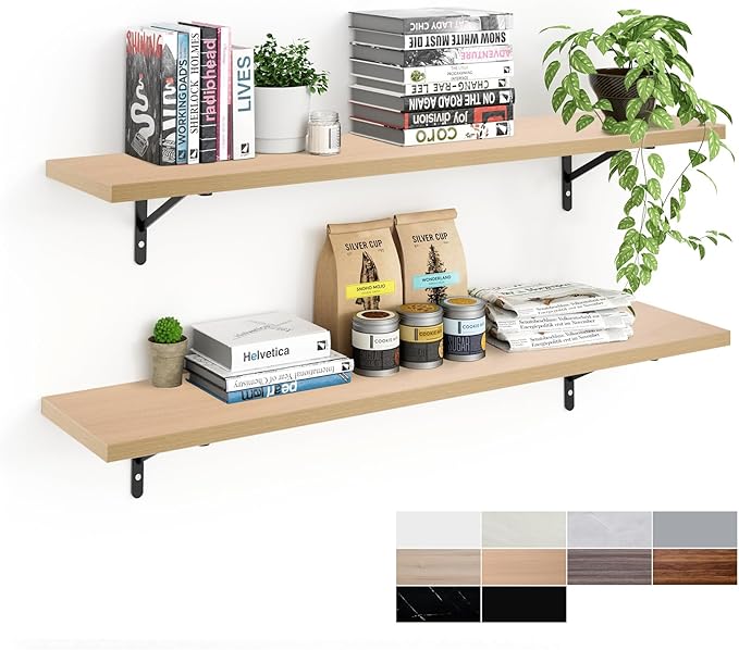 Kaboon 45 inch Long 10 inch Deep Floating Shelves for Wall Set of 2, Large Open Shelves Wall Mounted, Space Saving Home and Commercial Use, Light Walnut