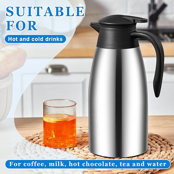 Uiifan 2 Pcs 68oz Thermal Coffee Carafe Insulated Stainless Steel Thermal Coffee Carafe Double Walled Vacuum Flask Carafes with Brushes for Keeping Tea for 12 Hours(Silver)