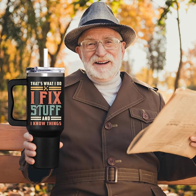 Christmas, Father Day Gifts For Dad, Men - Dad Gifts From Daughter, Son - I Fix Stuff Gift - 40 oz Tumbler with Handle, Lid and Straw Insulated