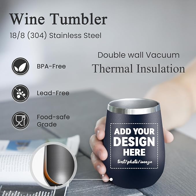 MEWAY Personalized Custom 12oz Wine Tumbler with Lid, Insulated Double Wall Vacuum Travel Tumbler Gifts with Text Photo Logo (Navy, 1pack)