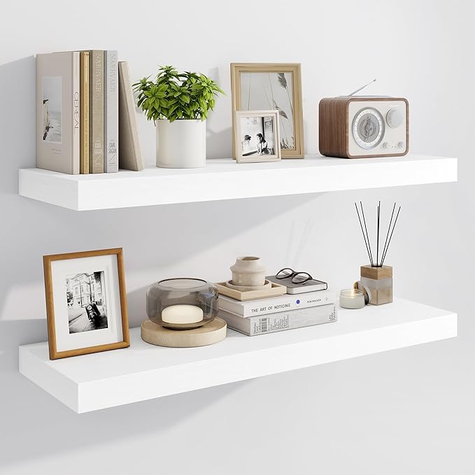 Marsmiles 32" Floating Shelves for Wall, Wooden Shelves with Invisible Brackets Set of 2, Rustic Farmhouse Wall Mounted Shelf for Kitchen Bathroom Living Room Study, White