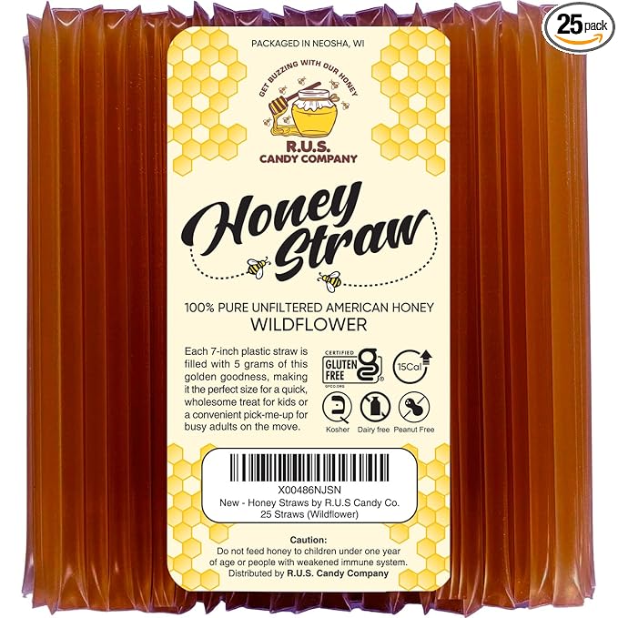 25 Pack Honey Sticks For Tea, Snacking, Single Serve Stir Sticks, Natural Flavor by R.U.S Candy Company- Honey Straws (Wildflower)