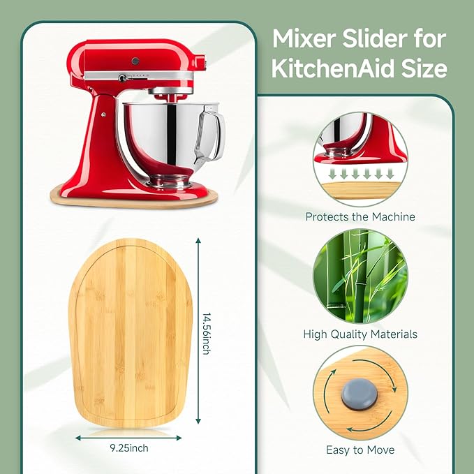 Mixer Slider Compatible with 4.5-5 QT Kitchen Aid Stand Mixers, Kitchen Countertop Storage Mover Sliding Caddy Mixer Slider Mat for Kitchen Aid Stand Mixer Accessories Attachment (Bamboo - Natura)