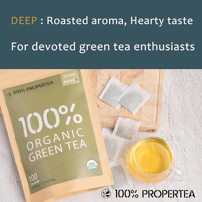 100% Propertea Organic Green Tea Bags, 100 Count Eco-Friendly Tea Bags, Deep Taste, Caffeinated, Rich in Antioxidants, Resealable Pouch