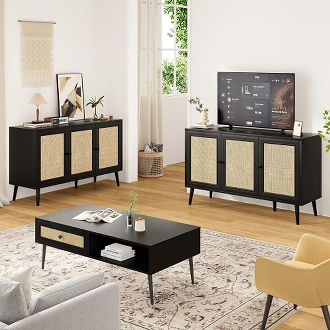 47.2" Buffet Cabinet with Storage Accent Sideboard, Modern Kitchen Cabinet with Rattan Doors, Wood Coffee Bar Table Console for Kitchen Living Room Entryway, Black