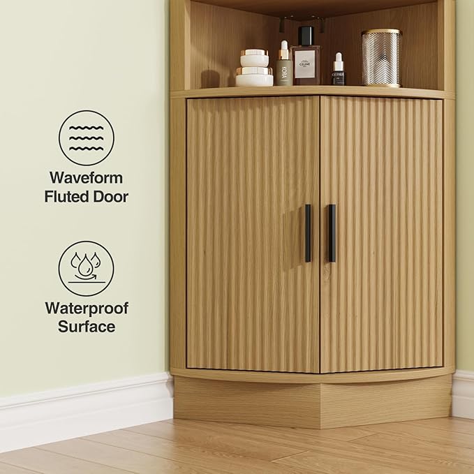 Corner Bathroom Cabinet, Modern Small Corner Cabinet with Fluted Door and Open Shelf, Space Saver for Bathroom, Living Room, Kitchen, Natural