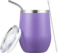 COMOOO Stainless Steel Wine Tumbler with Lid and Straw 12oz Double Wall Vacuum Insulated Travel Tumbler Cup Stemless for Hot and Cold Drinks, Coffee, Wine, Cocktails, Purple