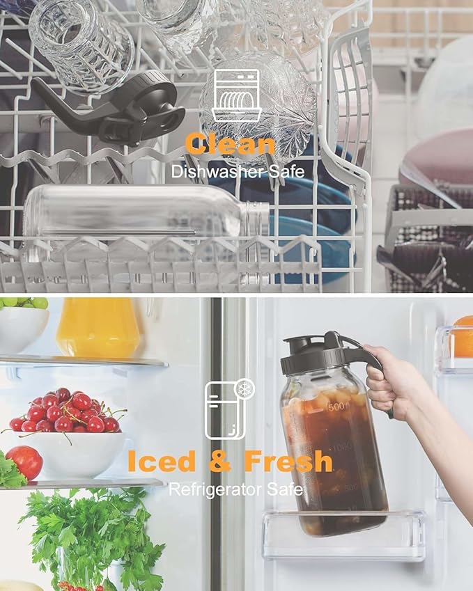 2-Pack 64oz Glass Pitcher with Lid, Leakproof Airtight Silicone Seal, Flip-Top Easy-Refill Refrigerator Pitcher with Handle & Spout for Iced Tea, Cold Brew, Lemonade & Sun Tea