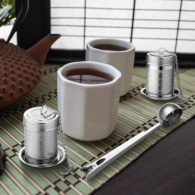 Umigy 4 Pcs Tea Infuser Strainers for Loose Tea with Scoop, Extra Fine Mesh Steeper 304 Stainless Steel Diffuser Leaf Holder with Extended Chain Hook for Brew, Spices, Seasoning