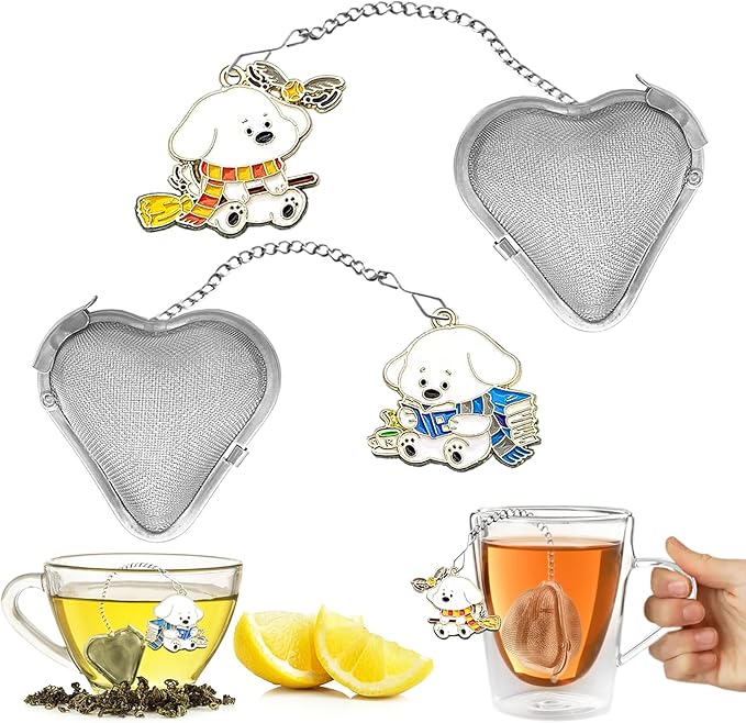 Cute Dog Pendant Tea Infuser, 2pcs loose tea strainer, tea ball infuser, Heart shaped stainless steel tea ball Make tea drinking fun(Reading + Mop Puppy)