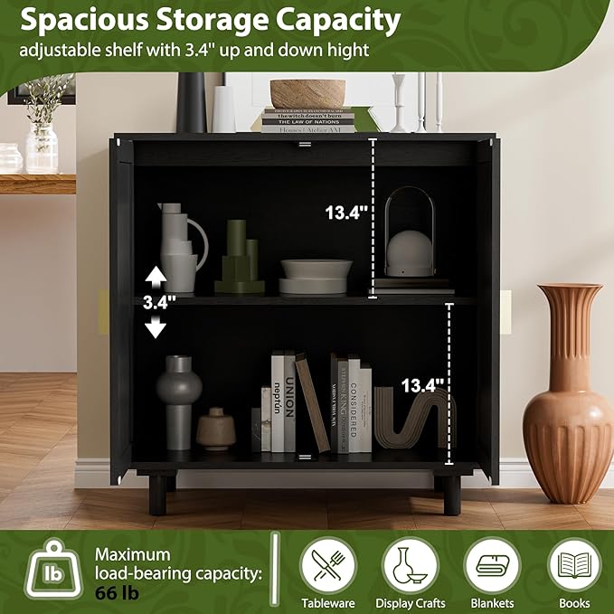 Black Rattan Sideboard Buffet Cabinet with Doors and Shelf, Rattan Accent Cabinet with Wood Feet, Boho Storage Cabinet for Living Room, Kitchen, Entryway
