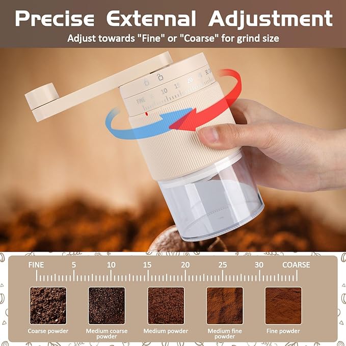 Mini Manual Coffee Grinder, 95 Ceramic Burr, Adjustable Coarse to Fine, 30g Bean Capacity with 80ml Powder Chamber, Detachable Handle Portable Grinder for Espresso, French Press, Travel & Camping，Pink