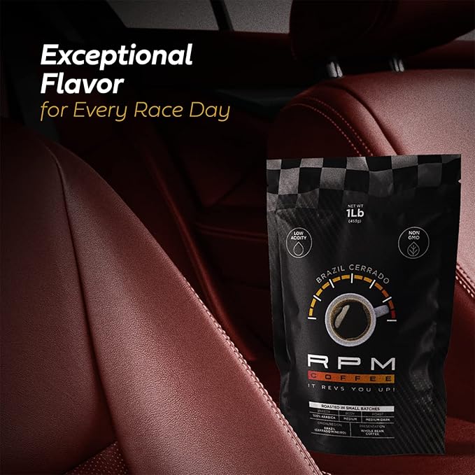 2LB RPM Brazil Cerrado Premium Coffee, Standard Caffeine - Supercharged Flavor, Medium-Dark Roast, 100% Arabica Beans, Low Acidity