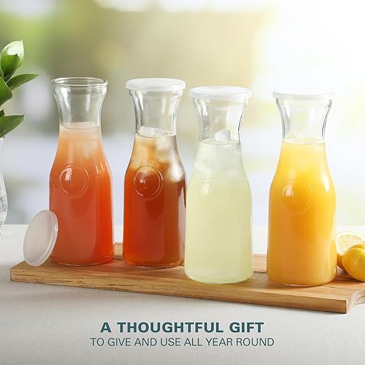 Gibson Home Windchill Set of 4 Large Glass Carafe with Lid, 1 Liter Clear Glass Pitcher, Beverage Serveware Carafe for Mimosa Bar Brunch Cold Water Juice Milk Iced Tea Lemonade - Dishwasher Safe