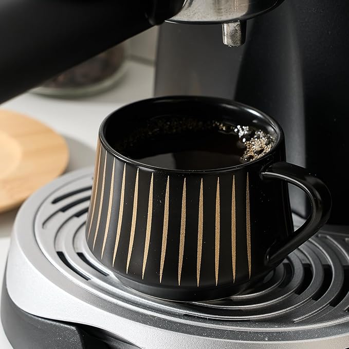 LUKA Ceramic Coffee Espresso Cups with Saucers Set with Metal Holder, 4 oz Porcelain Demitasse Cups For Espresso, Latte, Coffee, Cafe Mocha, Tea, Set of 6, Stripe White & Black