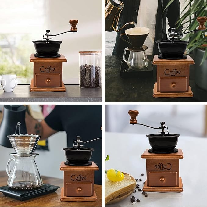 Manual Coffee Grinder, Vintage Wooden Mini Portable Hand Crank with Ceramic Burr, Coffee Grinder Manual Adjustable Coarseness Setting for Espresso French Press Drip Coffee, Antique Display Gift