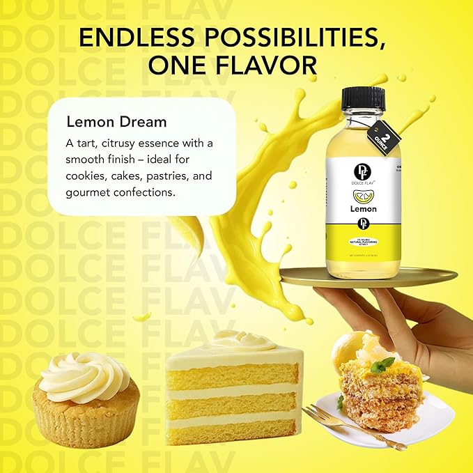 Dolce Flav Natural Lemon Extract – 2 Ounce Oil-Soluble Kosher, Sugar-Free, Concentrated Fresh Citrus Lemon Flavor for Baking, Chocolates & Desserts, Includes Measured Dropper, Pack of 2