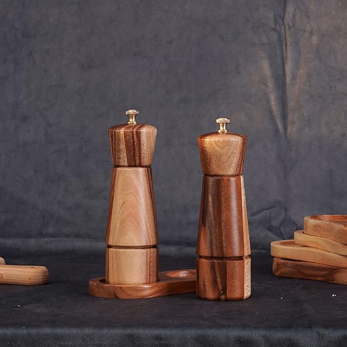 Salt and Pepper Mill Set, Adjustable Ceramic Grinder Salt Mill, Stainless Steel Grinder Pepper Mill, Acacia Wood, 16.5 cm / 6 inch Height, Bottom Dia 5 cm (Tray is NOT Included)