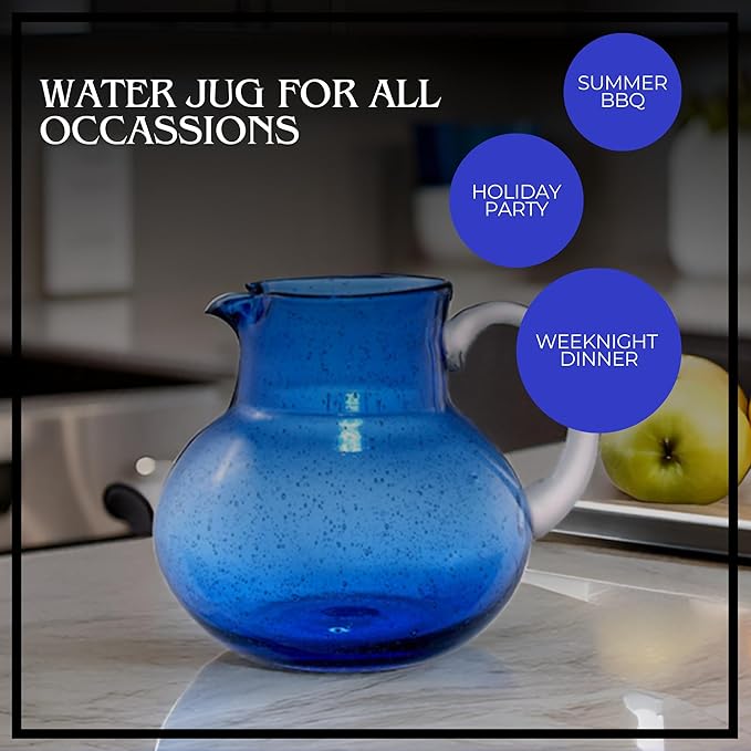 Artland Iris 90 Oz Handblown Glass Pitcher - Bubble Shape, Lead-Free - Versatile Drink Dispenser for Water, Juice, Cocktails - Enhanced Kitchen Decor, Dishwasher Safe (Cobalt Blue)