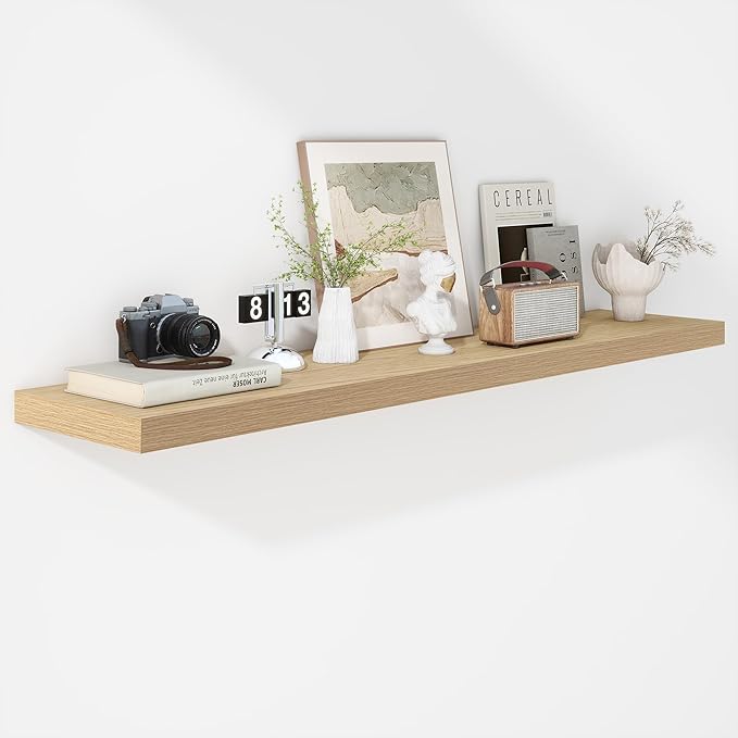 Fun Memories Floating Shelves - 12 Inch Rustic Wooden Wall Shelves - Extra Deeper & Thicker Wall Mounted Storage Shelf for Living Room, Kitchen, Farmhouse - 55" W x 12" D x 1.8" H - Oak