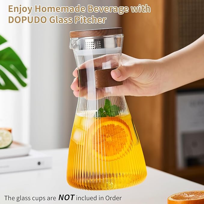 52OZ Glass Pitcher with Lid and Spout, Water Jug, 1500ml Carafe for Hot/Cold Water, Large Iced Tea Pitcher for Coffee, Juice and Homemade Beverage