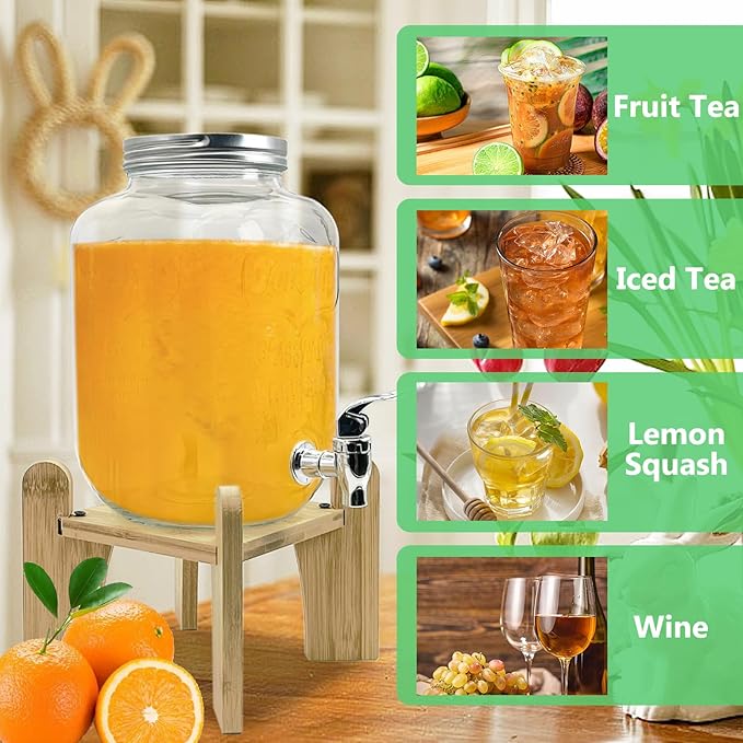 Tfwadmx 1 Gallon Drink Dispenser for Parties, Beverage Dispenser With Wood Stand Lemonade Dispenser Iced Tea Pitcher Party Beverage Dispenser for Lemonade, Juice, Punch, Water, Outdoor, Daily Use