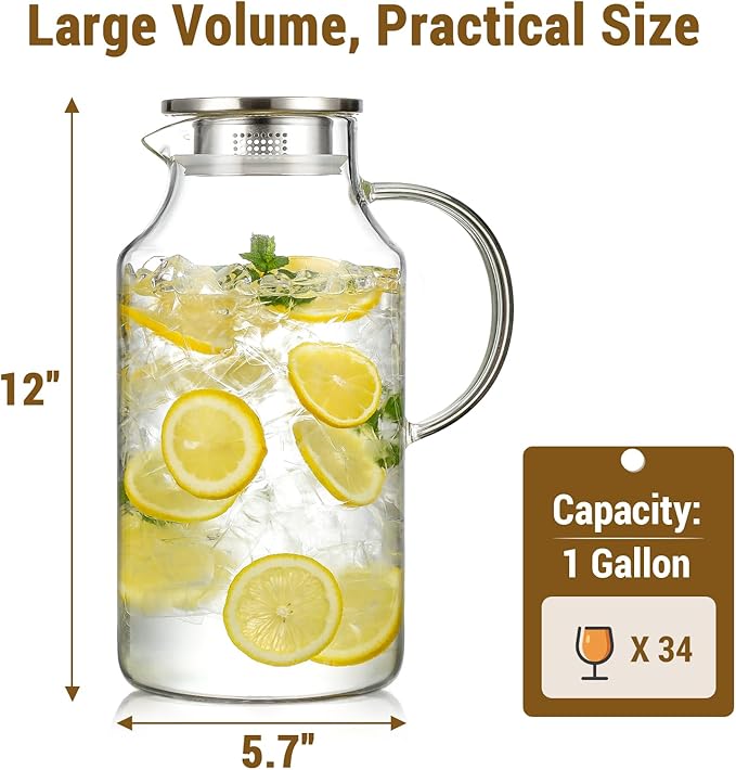 1 Gallon thickened Glass Pitcher with Lid and Spout, Borosilicate Glass Carafe for Hot/Cold Drink, Water Pitchers for Fridge, Extra Large Jug with Handle for Iced Tea, Coffee,Juice,Homemade Beverage