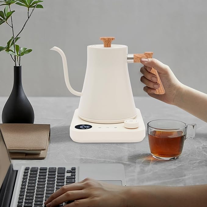 Gooseneck Electric Kettle,Electric Kettle with ±1℉ Precise Temperature Control,0.24 Gal Electric Gooseneck Kettle for Pour Over Coffee & Tea (White)