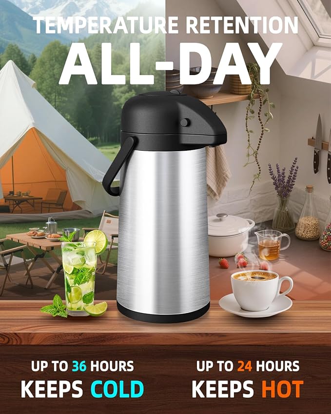 Esemoil Coffee Carafe for Keeping Hot with Pump, 102oz/3L Large Capacity Airpot Coffee Dispenser, Insulated Stainless Steel Thermal for Hot/Cold Water Liquid Tea Chocolate for Hot Cocoa for Parties