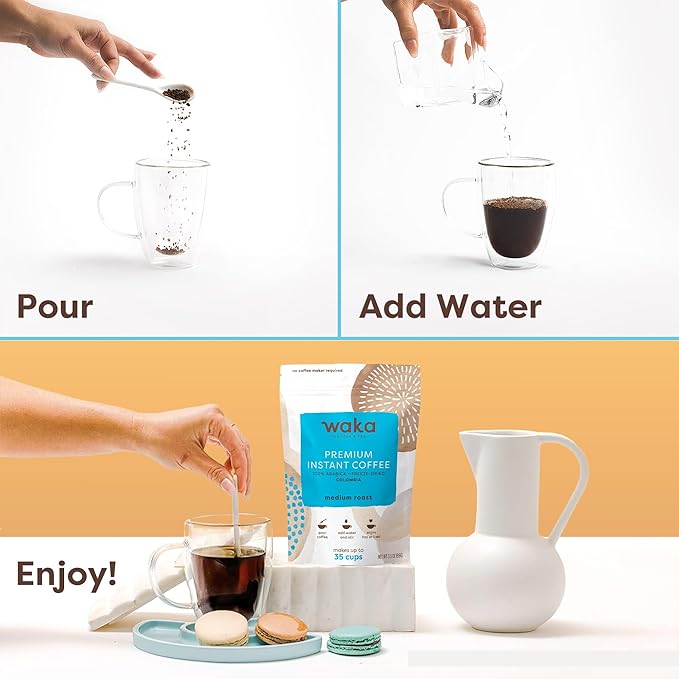 Waka Instant Coffee, Medium Roast - 100% Arabica Colombian Beans, Freeze Dried Granules, No Sugar or Additives - Bulk Bag for Quick Hot and Iced Coffees, Up to 35 Cups (3.5oz)