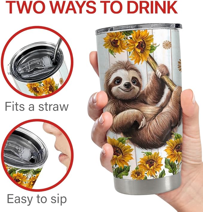 SANDJEST Sloth Tumbler 20oz Stainless Steel Insulated Coffee Travel Mug Cup for Women Girls Sloth Gifts for Birthday Christmas Mothers Day