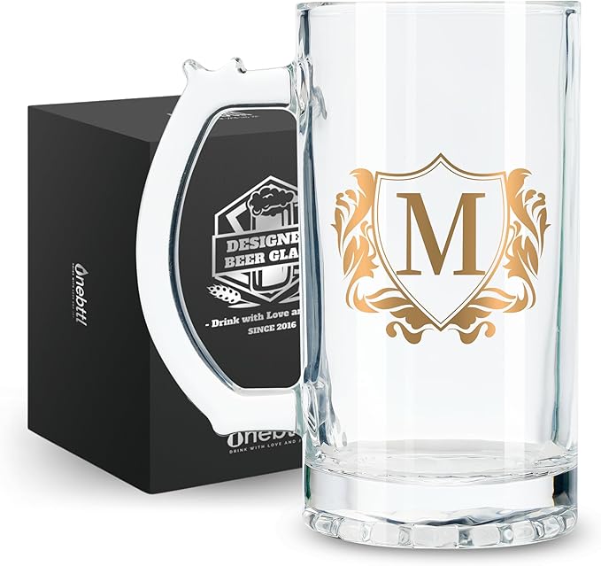 Onebttl Personalized Beer Gifts for Men Beer Lovers - 17 oz Heavy Beer Stein Mug with Handle for Boss as Birthday Christmas Gift - M