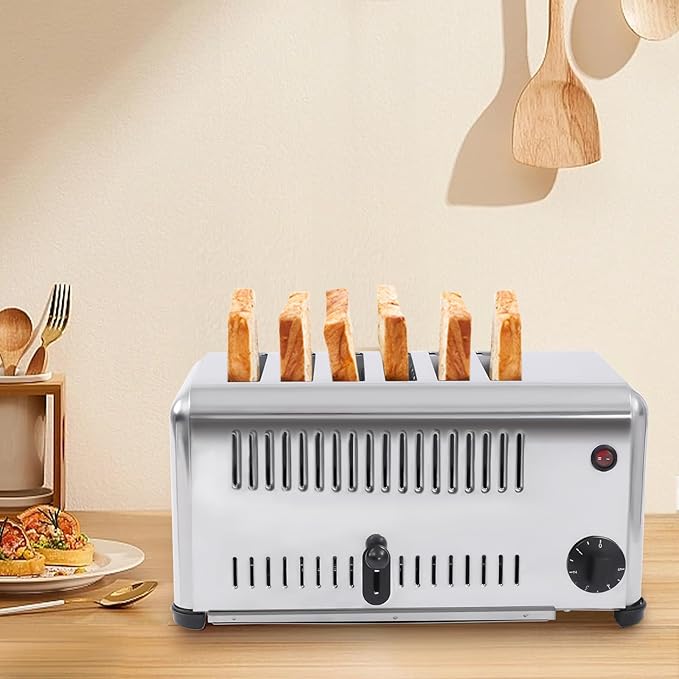 6 Slot Commercial Toaster - 6 Slice Wide Slot Stainless Steel Toaster for Restaurant and Home Kitchen, One-Piece Molding Process (1680W 110V)