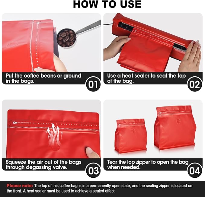 50 Count 16oz Coffee Bags with Valve,1lb Vented Coffee Beans Packaging Bags High Barrier Aluminumed Foil Flat Bottom Heat Sealed Side Zipper Resealable Storage Bag for Home or Business(Red）