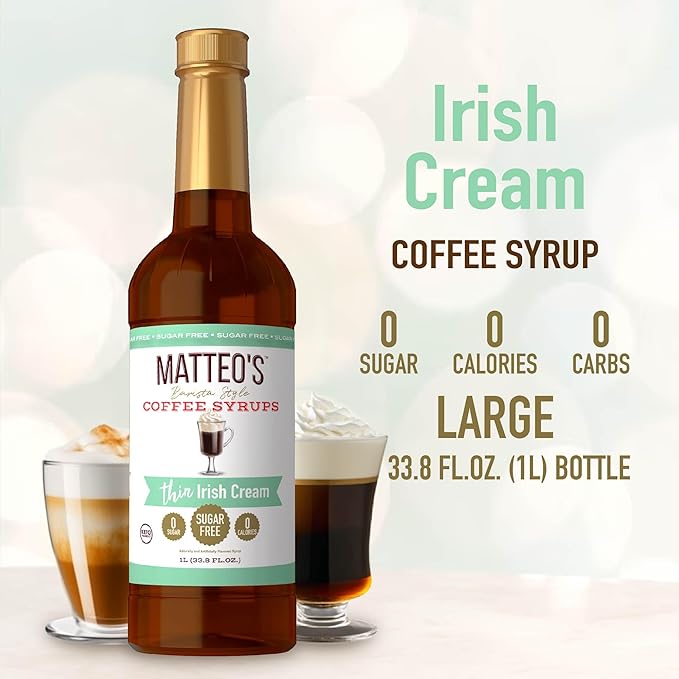 Matteo's Irish Cream Syrup for Coffee, Lattes, Cappuccinos & Desserts – Sugar-Free Sweetener for Beverages, Keto Friendly, Zero Calories, Indulgent Flavor, Non-Alcoholic, 33.8oz (6pk)