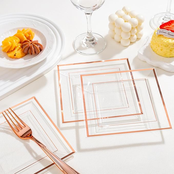 bUCLA 100 Pieces Clear Rose Gold Square Plastic Plates - 6 Inch Clear Plastic Dessert/Cake Plates with Rose Gold Trim Disposable - Ideal for Party, Wedding, Mother's Day & Valentine's Day