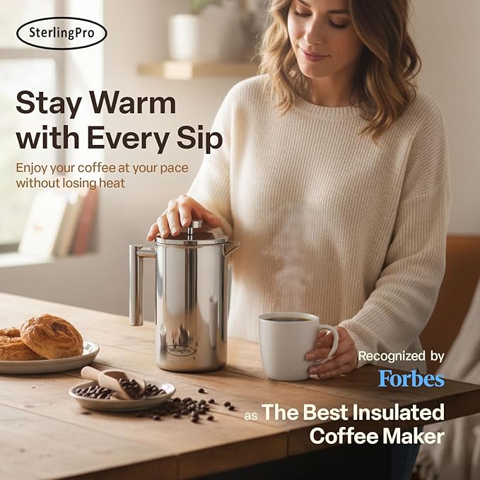 Stainless Steel French Press Coffee Maker Large 1 L(34 oz) Mirror – Durable Double Walled Insulated Coffee Press Keeps Drinks Hot, Easy to Use and Clean Stylish Design for Rich Flavor