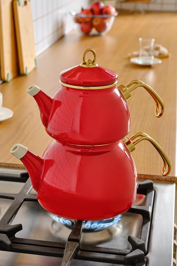 Karaca Retro Turkish Teapot for Stovetop, 1.1L Turkish Tea Pot & 2.3L Kettle, Dishwasher Safe, Induction Tea Pot Set, Vibrant Color Lasting Enamel, Samovar Style, Red