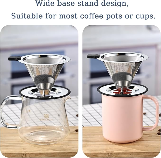 Pour Over Coffee Filter Dripper, Stainless Steel Metal Cone Drip Coffee Filter, Paperless and Permanently Reusable, Double Mesh Coffee,Tea Filter for 2-4 Cups