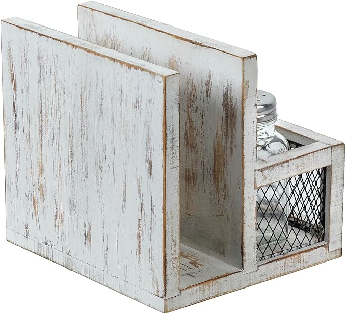 FARM IN Napkin Holder, Farmhouse Multifunctional Napkin Holder with Salt and Pepper Shakers Holder for Home and Commercial Use, Rustic Solid White Washed Wood & Diamond Metal Wire Mesh