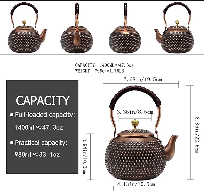 YJX 47.3oz Elegant Japanese Style Copper Tea Kettle For Stovetop Safe, Non-Coating Pure Copper Teapot with Stainless Steel Tea Ball For Loose Tea, Solid Tea Pot For 2-4 Cups (1400ml)