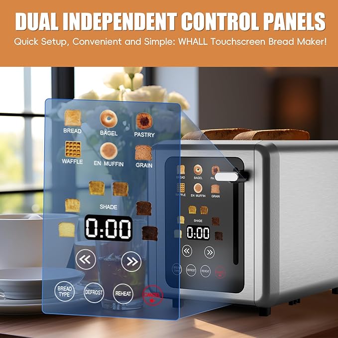 2 Slice Toaster,Touchscreen & Dual Independent Control Panel,5 Basic Functions & Digital Countdown Toasters,6 Shade Settings＆6 Bread Types,Smart Bread Maker Mute/Screen-Off,Platinum