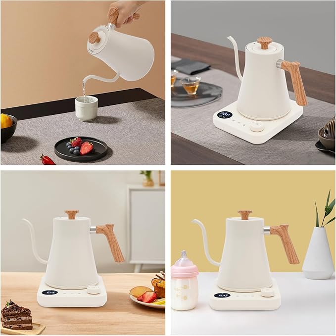 Electric Gooseneck Kettle, 0.9L/0.24Gal 1200W, Temperature Control 104-212°F, Stainless Steel Hot Water Tea Kettle, LED Display, 1-24 H Keep Warm for Pour Over Coffee, Home, 11.02*8.07* 8.66in White