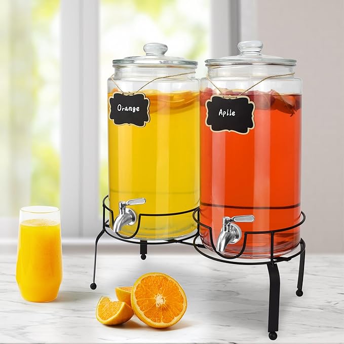 2 Gallon Beverage Dispenser 2 Pack, Stainless Steel Spigot Drink Dispenser for Parties with Stand, Clear Glass Drink Container Easy to Refill and Clean