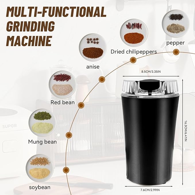 Electric Spice Grinder and Coffee Grinder with One-Touch Pulse Control, 150W Power for Efficient Grinding of Spices, Coffee, and Kitchen Ingredients