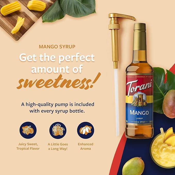 Torani Mango Syrup for Drinks, Flavoring for Iced Tea, Lemonade, and Sodas, Pump Included, 25.4 Oz